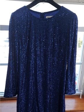 Eliza J Blue Sequin Shift Dress Size 16 Long Sleeve Party